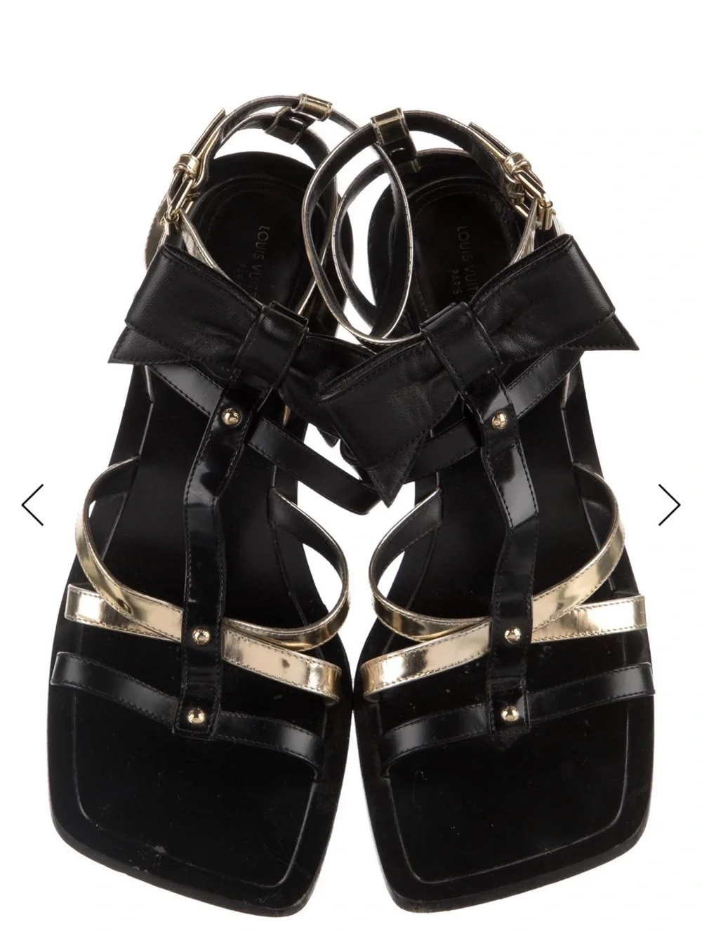 Louis Vuitton Black and Gold Bow T-Strap Block Heel Sandals